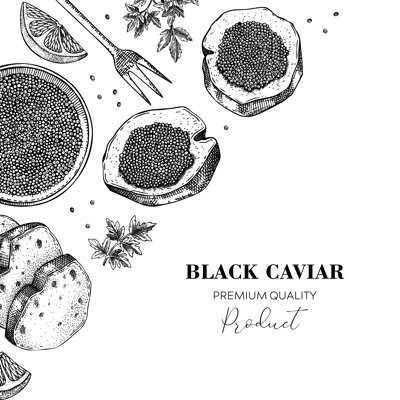 Black caviar canape with lemons and spices banner design. Canned seafood sketches. Vector illustration in vintage style.